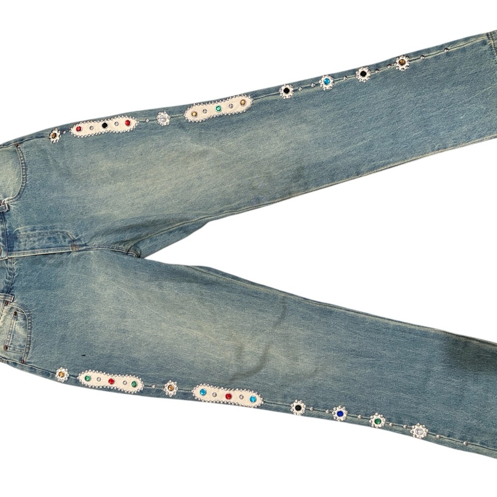 Kapital Blue Straight Leg Jeans with Colorful Accents